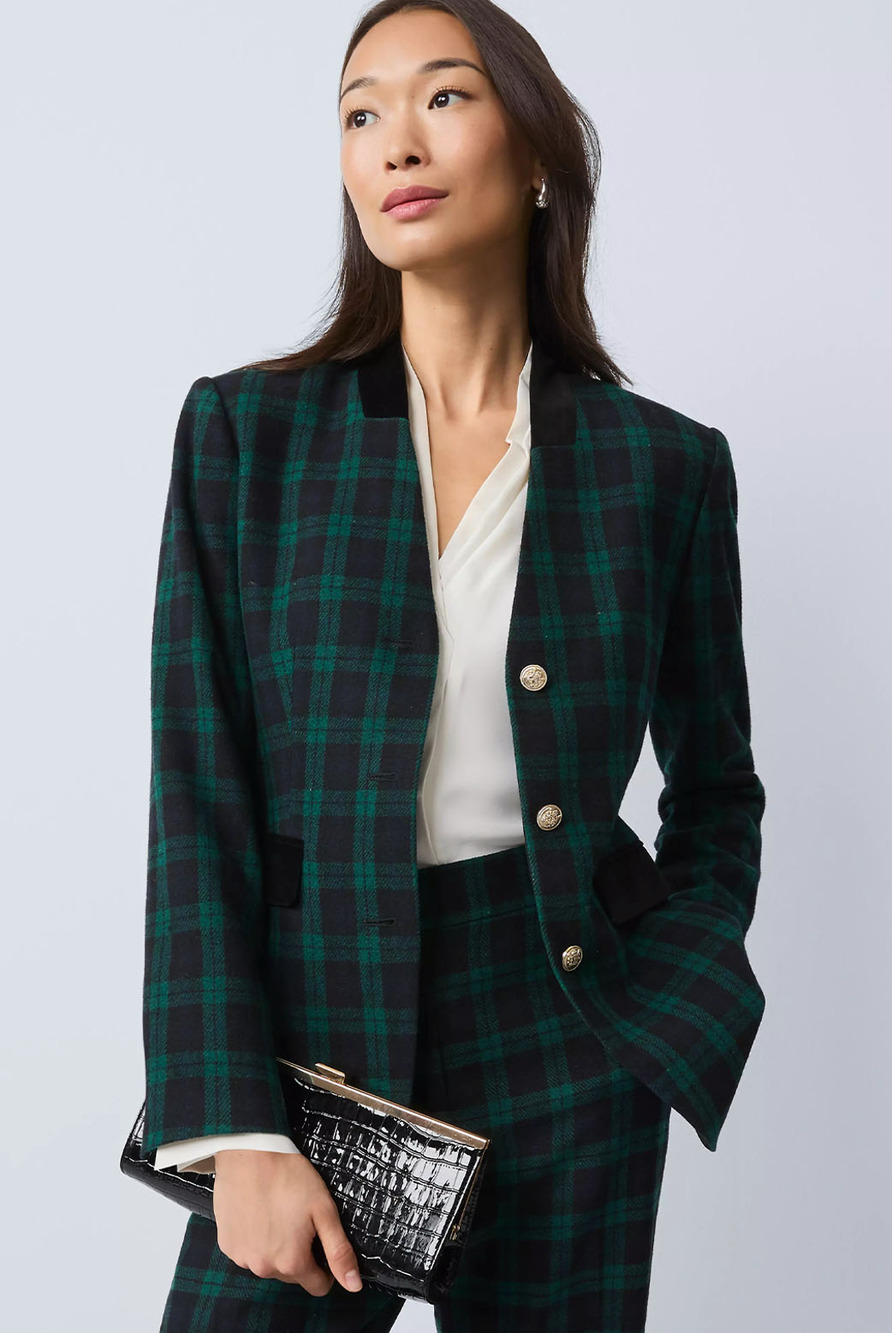 NWT ANN TAYLOR RAINFOREST PLAID BLACK VELVET LONG COLLARLESS BLAZER JACKET SZ 10